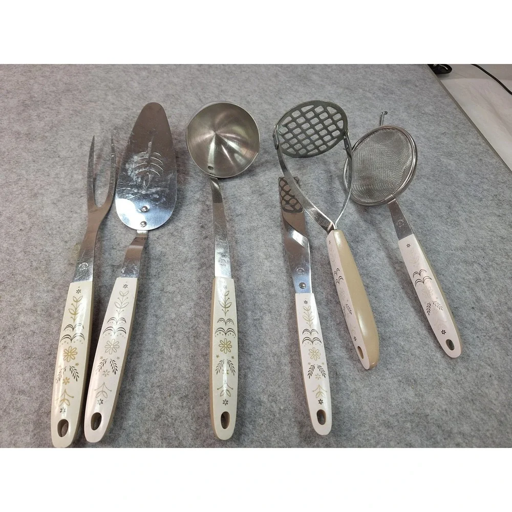 Vintage Ekco Flint Kitchen Utensil Set 6pc Stainless Steel Floral Handles USA